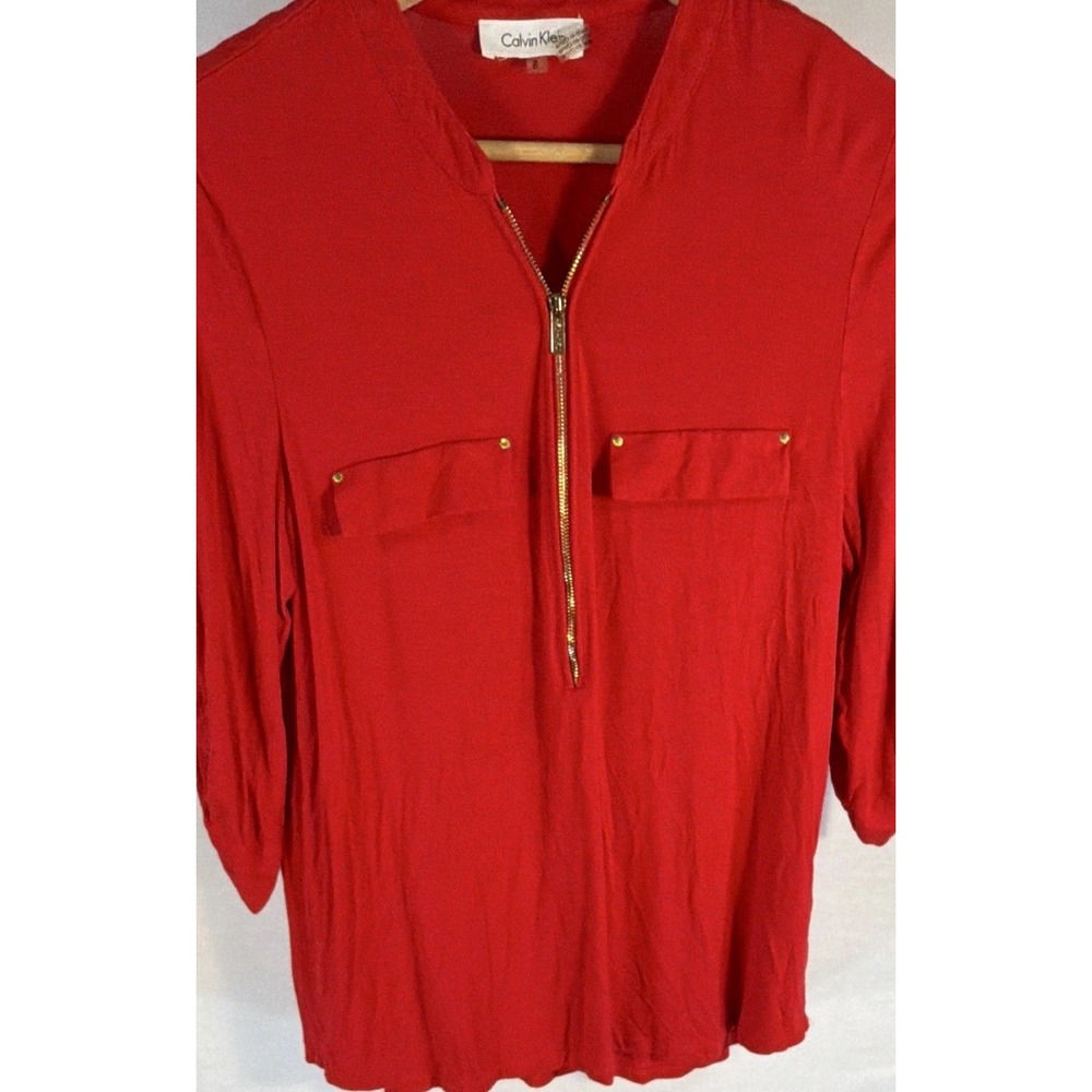 Calvin Klein Women's Red Solid Knit Zip Neck Roll Tab 3/4 Sleeve Blouse M